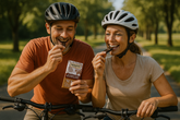 Two people on bicycles eating Federation chocolate bars in a park